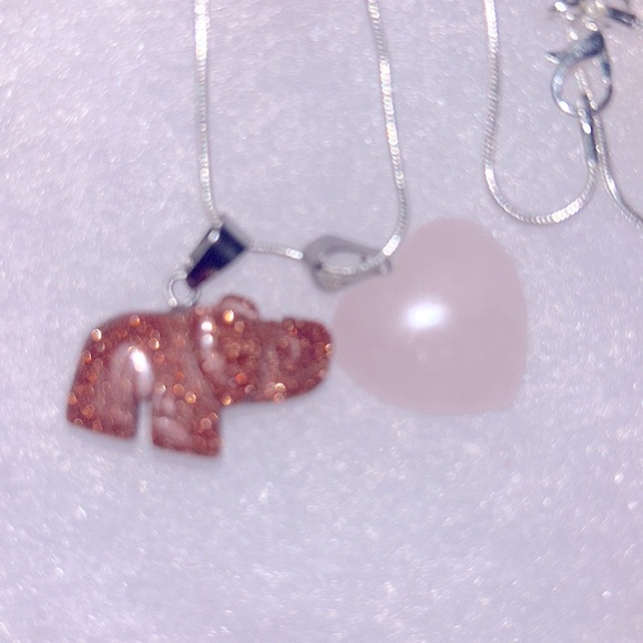 Boho Hippie Rose Quartz Crystal heart & Goldstone Elephant 🐘 16” Silver … - Picture 3 of 6